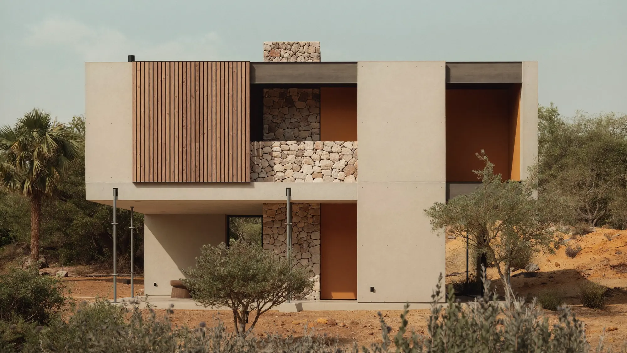 Render orientatiu d'una casa unifamiliar gairebé acabada, amb façana de fusta i pedra.